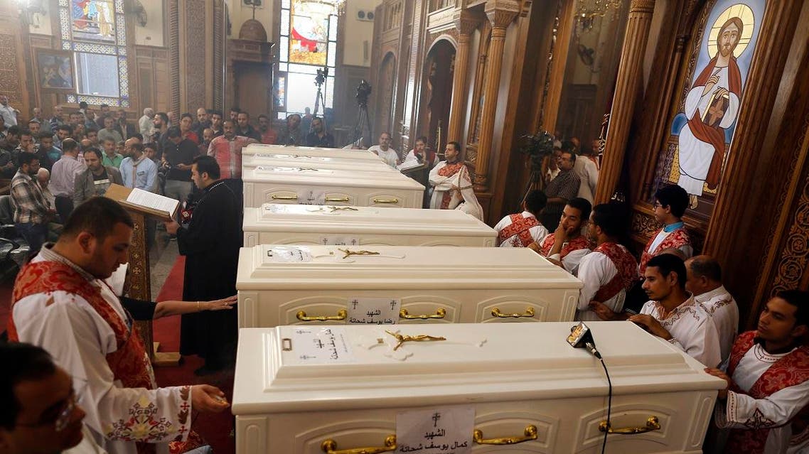 Coffins of the slain Coptic Christians are seen during their funeral service at Church of Great Martyr Prince Tadros, in Minya. (File photo: AP)