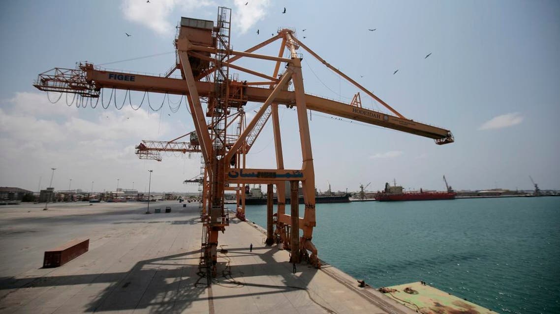 Damaged derricks are seen at the port of Hodeidah, Yemen. (AP)