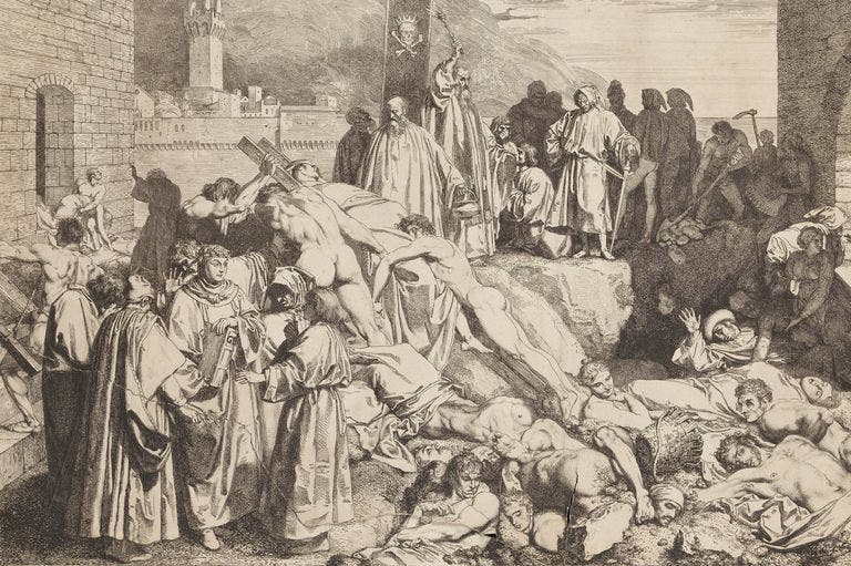 رسم تخيلي لعدد من ضحايا الطاعون بالعصور الوسطى