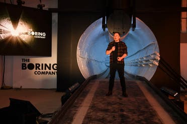 Elon Musk speaks during unveiling event for the Boring Co. Hawthorne test tunnel in Hawthorne, Calif., on Dec. 18, 2018. (AP)