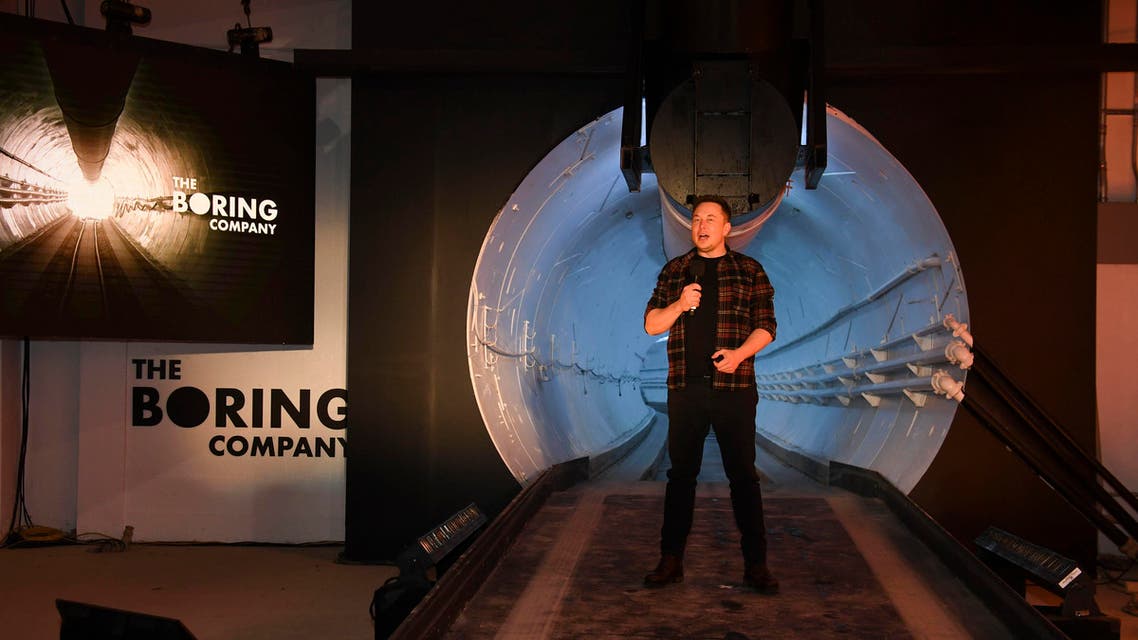Elon Musk speaks during unveiling event for the Boring Co. Hawthorne test tunnel in Hawthorne, Calif., on Dec. 18, 2018. (AP)