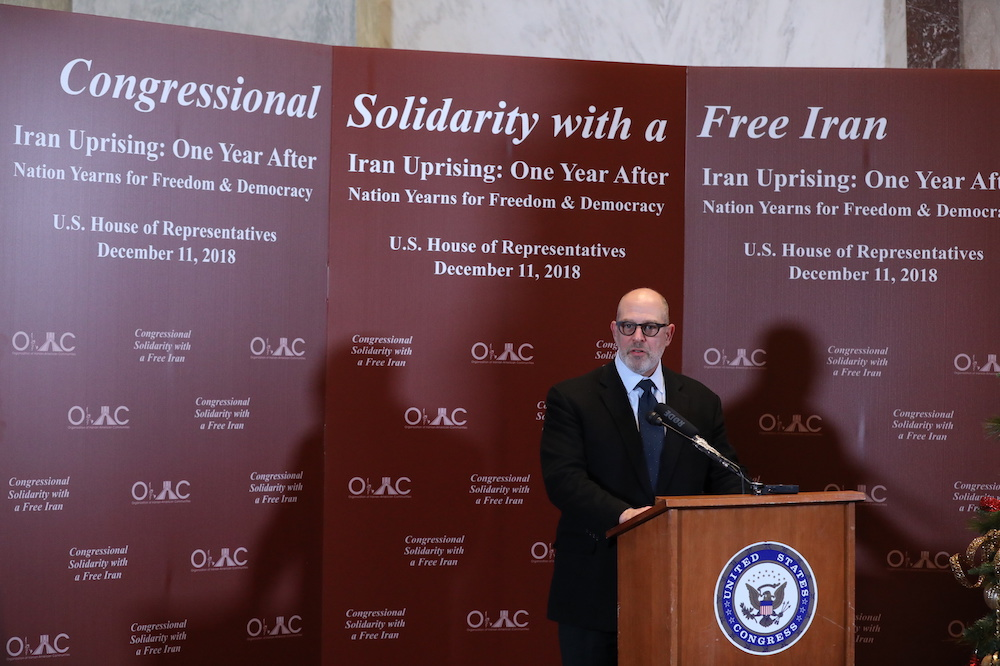 Adam Ereli, the former US Ambassador to Bahrain, addresses the event titled Congressional Solidarity With a Free Iran. (Supplied)