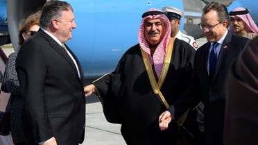 US Secretary of State Mike Pompeo is greeted by Bahraini Foreign Minister Khalid bin Ahmed Al Khalifa after arriving at Manama International Airport in Manama, on January 11, 2019. (Reuters)