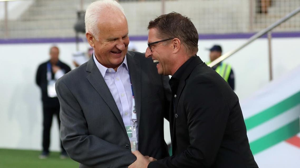 Jordan coach Vital Borkelmans and Syria coach Bernd Stange before the match on January 10, 2019. (Reuters)