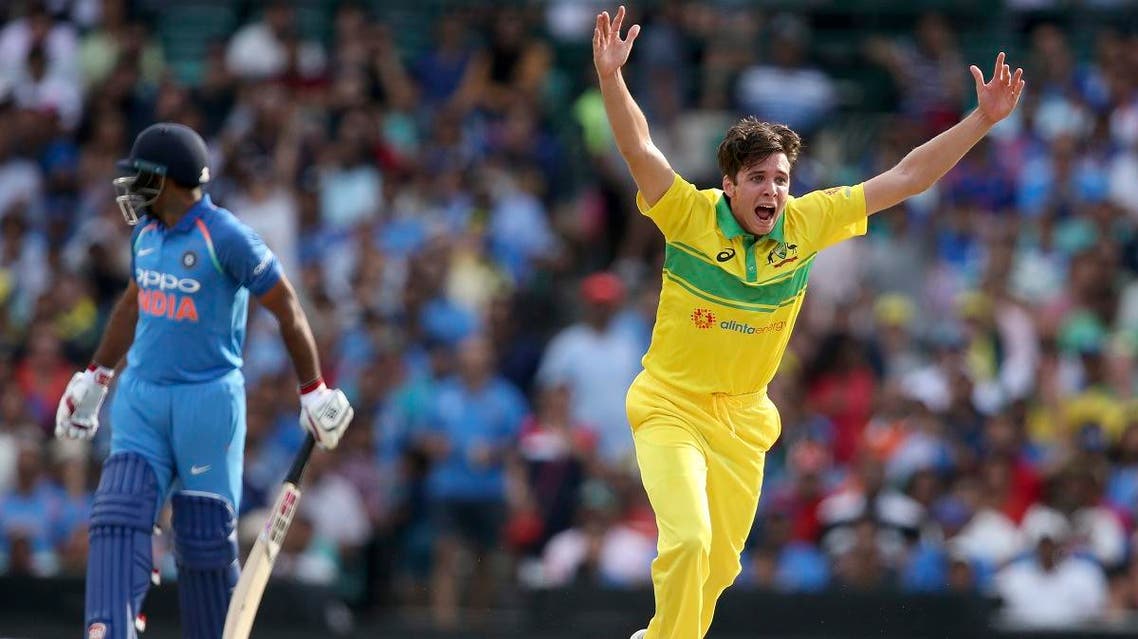 Australia’s Jhye Richardson (right), celebrates taking the wicket of India’s Ambati Rayudu during their one day international cricket match in Sydney, on January 12, 2019. (AP)