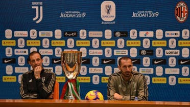 Juventus’ Italian coach Massimiliano Allegri (left) and Juventus’ Italian defender Giorgio Chiellini take part in a press conference at the King Abdullah Sports City Stadium in Jeddah on January 15, 2019. (AFP)