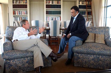 US President George W. Bush meets with then Saudi Arabian Ambassador to the US Prince Bandar bin Sultan at the Bush ranch in Crawford, Texas. (AFP)