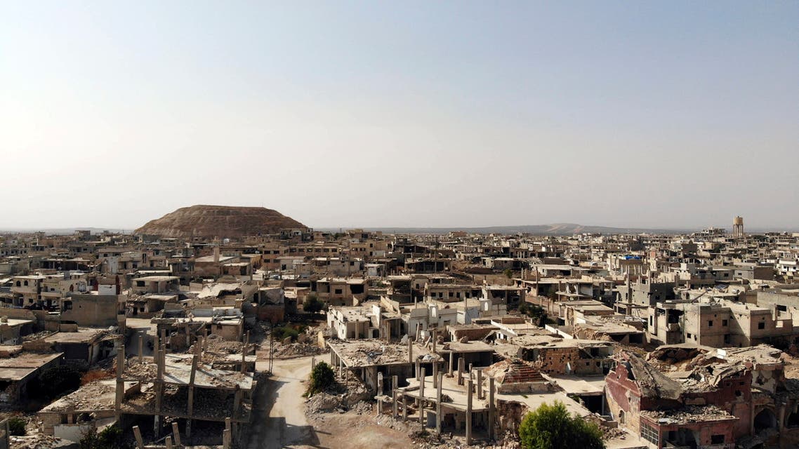 A picture taken with a drone shows damaged buildings in the rebel-held town of Morek, in the northern countryside of Hama province on October 13, 2018.