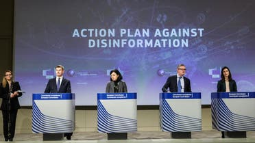 European Commission officials at the meeting on disinformation at the EU Commission headquarters in Brussels on December 5, 2018. (AFP)