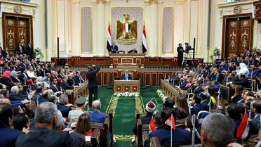 Egyptian President Abdel Fattah al-Sisi giving a speech on June 2, 2018 during his swearing in ceremony for a second four-year term in office, at the parliament meeting hall in Cairo. (AFP)