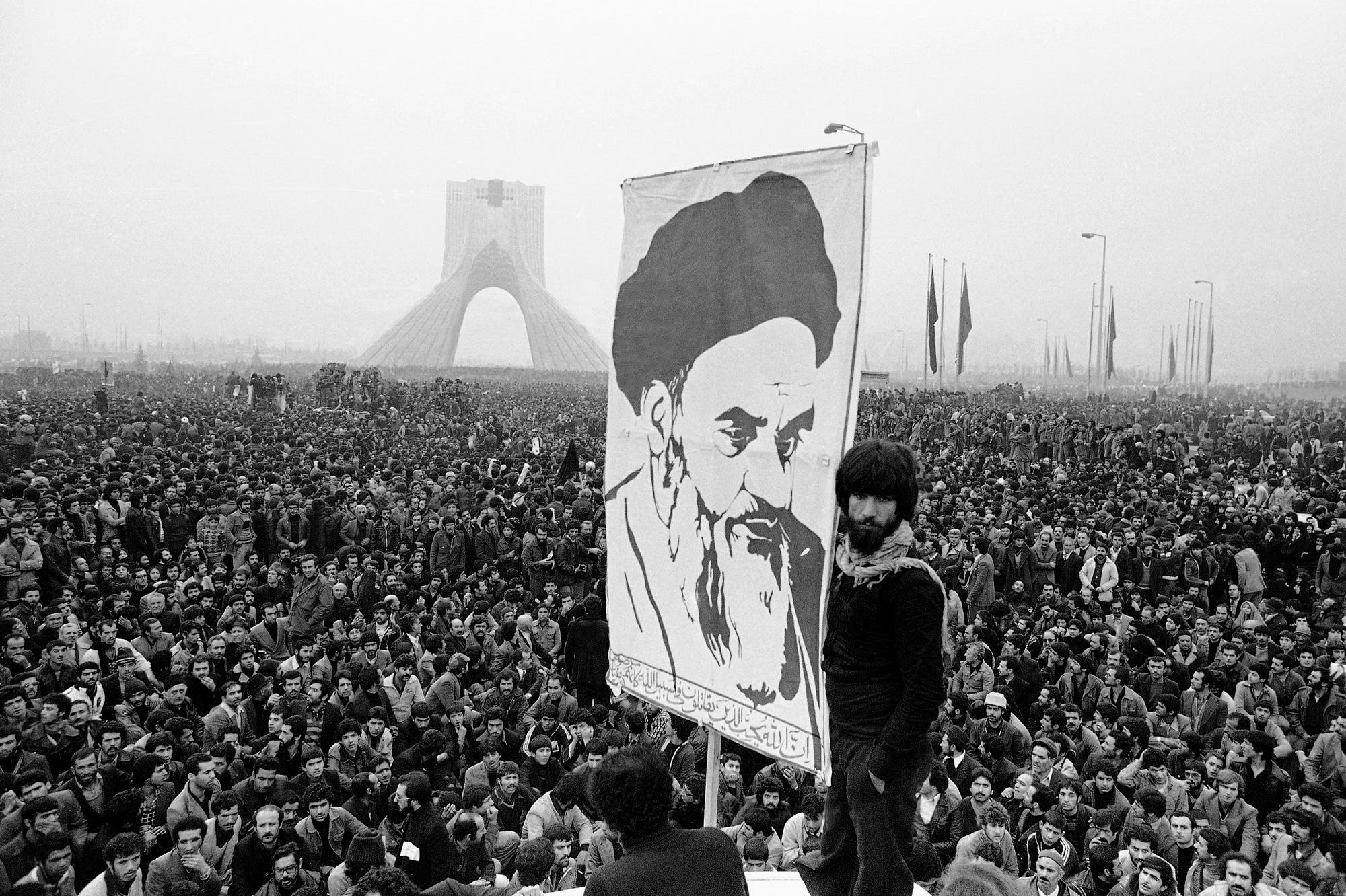 A photo of Khomeini during a demonstration in Tehran in December 1978