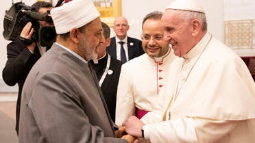 Pope Francis with Sheikh Ahmed Mohamed el-Tayeb at Abu Dhabi International airport on February 3, 2019. (WAM/Handout via Reuters)