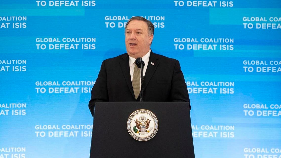 US Secretary of State Mike Pompeo delivers opening remarks at the Meeting of the Ministers of the Global Coalition to Defeat ISIS at the Department of State in Washington, DC. (AFP)