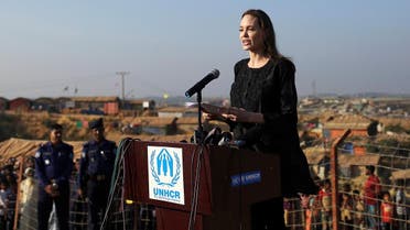 Actor Angelina Jolie joins in a press briefing as she visits Kutupalong Rohingya refugee camp in Cox’s Bazar, Bangladesh, on February 5, 2019. (Reuters)