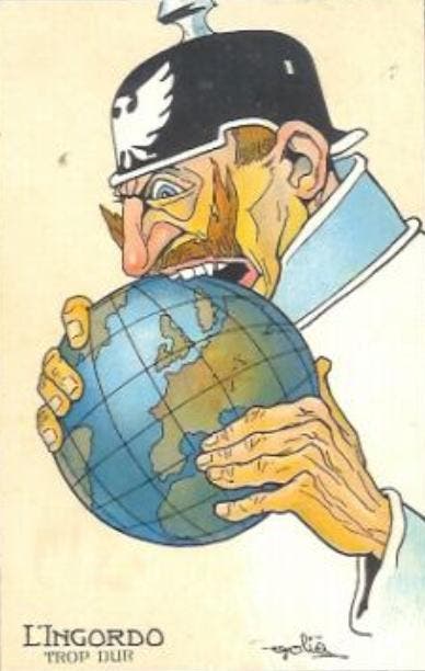 كاريكاتير ساخر يجسد السياسة التوسعية للقيصر الألماني فيلهلم الثاني