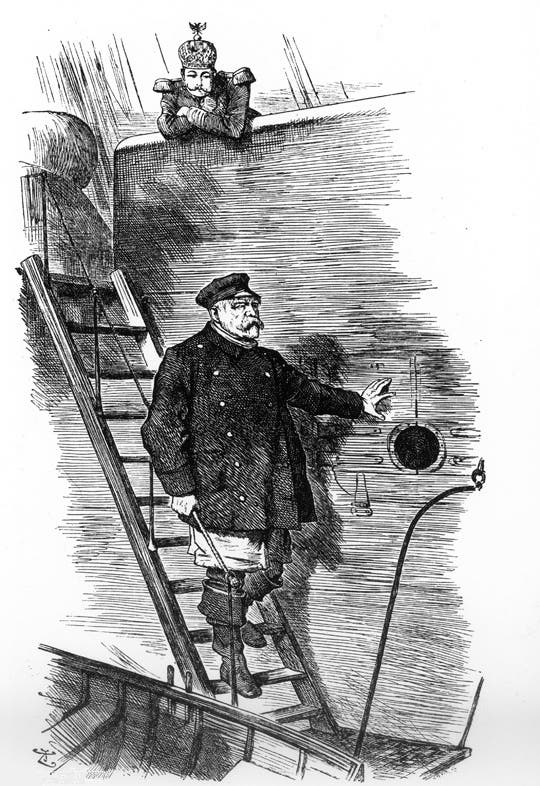 رسم كاركاتير ساخر يجسد تخلي ألمانيا أي السفينة في الصورة عن قائدها بسمارك