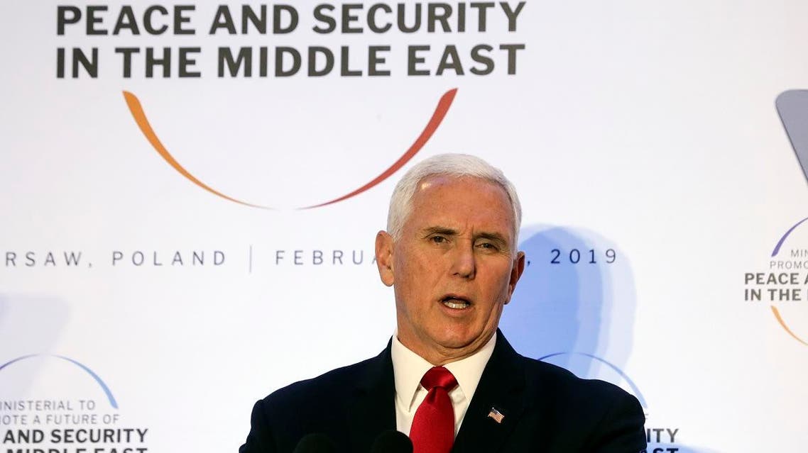 United States Vice President Mike Pence speaks at a conference on Peace and Security in the Middle East in Warsaw, Poland, on February 14, 2019. (AP)