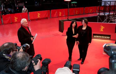 Director Teona Strugar Mitevska, left, and actress Zorica Nusheva, right, at the 2019 Berlinale Film Festival in Berlin. (AP)