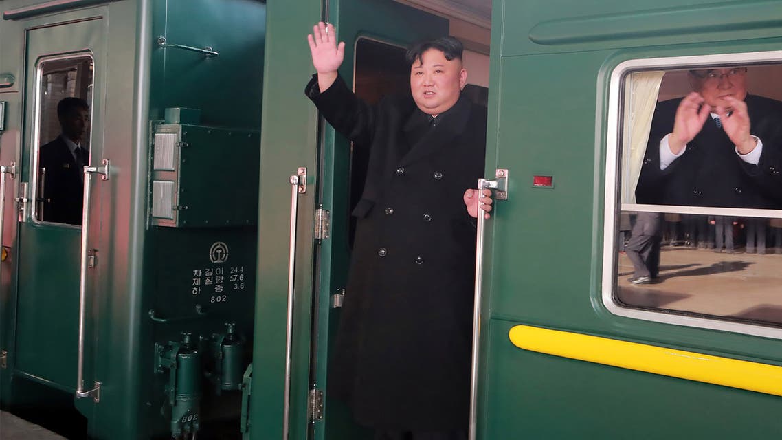 This picture taken on February 23, 2019 and released from North Korea's official Korean Central News Agency (KCNA) on February 24 shows North Korean leader Kim Jong Un (C) departing Pyongyang Station for the second North Korea-US summit meeting in Hanoi, Vietnam.