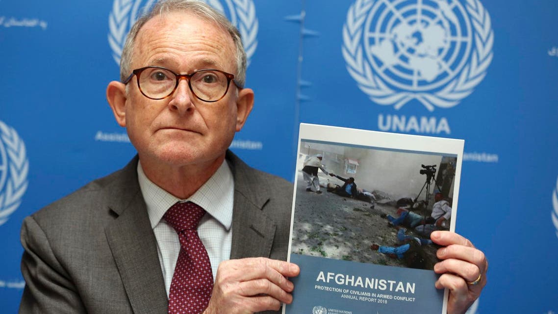 Richard Bennett, United Nations Assistance Mission in Afghanistan Human Rights Director, holds a copy of the UN 2018 Annual Report on the Protection of Civilians in Armed Conflict in Afghanistan. (AP)