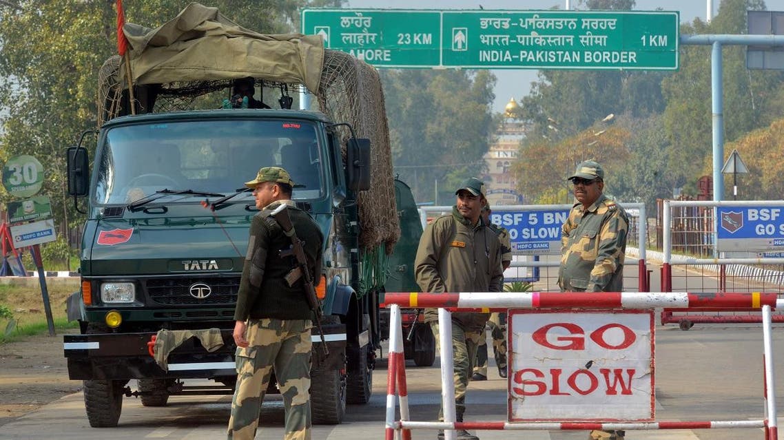 Indian Border Security Force (BSF) personnel stand guard at the India-Pakistan Wagah border, some 35 kms from Amritsar on February 26, 2019. (AFP)