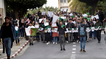 Algerian students protest on the main campus of the University of Algiers against ailing President Abdelaziz Bouteflika’s bid for a fifth term, on February 26, 2019. (AFP)