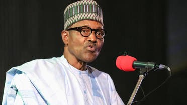 Nigerian President Muhammadu Buhari addresses the audience following his re-election, on February 27, 2019. (AFP)