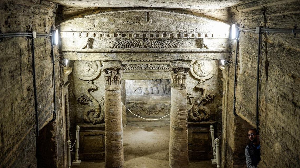This picture taken on March 3, 2019 shows a view from inside the catacombs of Kom El-Shoqafa (Mound of Shards), dating to the Roman period (1st-4th centuries AD) in the centre of the Egyptian Mediterranean coastal city of Alexandria. (AFP)