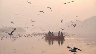 Indian women take pictures on a boat as migratory birds fly overhead on a morning of heavy air pollution in New Delhi on November 20, 2018. (AFP)
