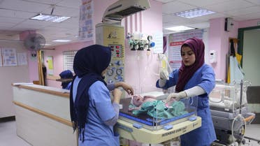 Palestinian midwife Sara Abu Taqea (R), 23, who works in the maternity ward at Gaza's Al-Ahli hospital, weighs a newborn at the hospital in Gaza City (reuters)