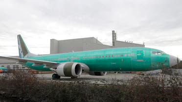 A Boeing 737 MAX 8 being built for Oman Air parked at Boeing Assembly Plant in Renton, Wash. on March 11, 2019 (AP)
