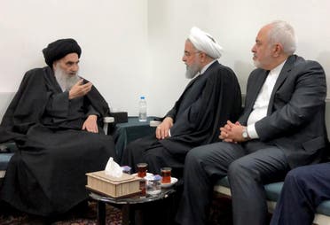 Grand Ayatollah Ali al-Sistani meets with Iranian President Hassan Rouhani (C) and Foreign Minister Mohammad Javad Zarif (R) in the Iraqi central city of Najaf. (AFP)