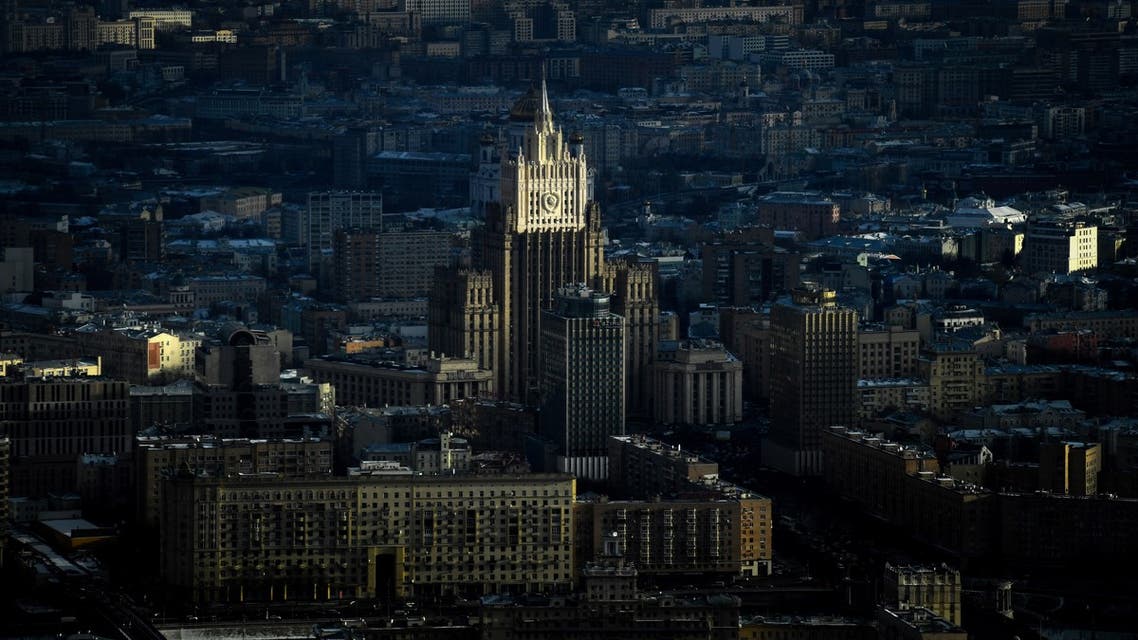 An aerial view shows the Russian Foreign Ministry headquarters and downtown Moscow on November 26, 2018.
