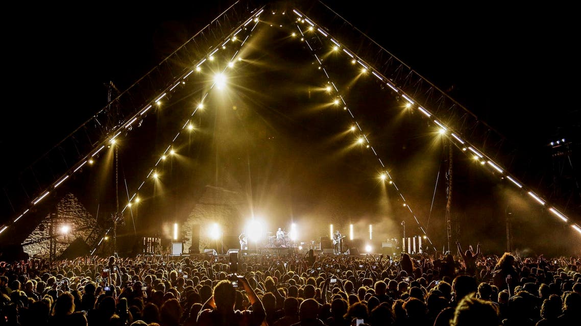 US rock band Red Hot Chili Peppers in concert at the Giza Pyramids on the western outskirts of the Egyptian capital Cairo on March 15, 2019. (AFP)