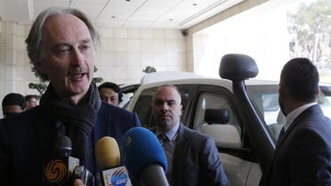 UN Special Envoy for Syria Geir Pedersen speaks to the press upon his arrival in the capital Damascus on March 17, 2019. (AFP)