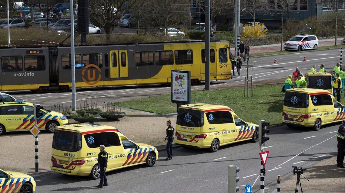 Ambulances are parked next to a tram after a shooting incident in Utrecht, Netherlands, Monday, March 18, 2019. (AP)