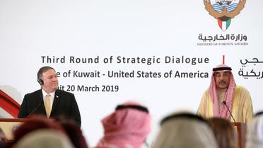 US Secretary of State Mike Pompeo (L) and Kuwait's Foreign Minister Sheikh Sabah al-Khalid al-Sabah give a joint press conference in Kuwait City on March 20, 2019. (AFP)