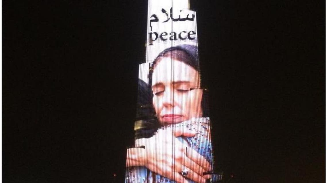 Burj Khalifa lights up with Jacina Ardern's photo. (Twitter)l