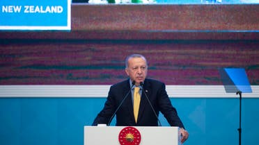 Turkish President Recep Tayyip Erdogan delivers a speech during an emergency meeting of the Organization of Islamic Cooperation in Istanbul, on March 22, 2019. (AFP)