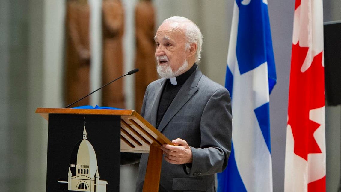 Catholic Priest Claude Grou speaks at a press conference on March 1, 2019, about the work to be done at Saint Joseph's Oratory in Montreal. Grou was stabbed during a livestreamed morning mass on March 22, 2019, at the church. (AFP)