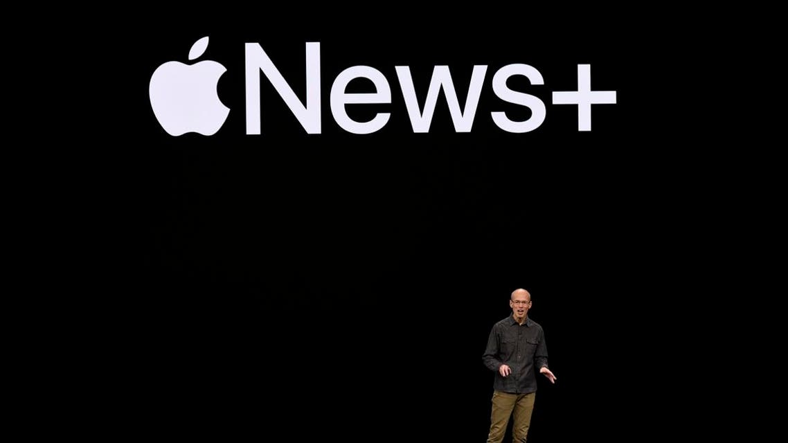 Apple CEO Tim Cook introduces Apple News+ during a launch event at Apple headquarters on Monday, March 25, 2019, in Cupertino, California. (AFP)