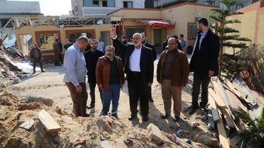 Hamas chief Ismail Haniya visits his office that was targeted in an Israeli air strike, in Gaza City, on March 27, 2019. (Reuters) 