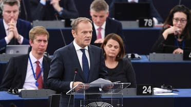 European Council President Donald Tusk speaks during a debate on the priorities of the European Council meeting and UK’s withdrawal from the EU during a plenary session at the European Parliament on March 27, 2019 in Strasbourg, eastern France. (AFP)