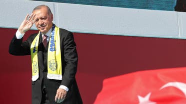 Turkish President Recep Tayyip Erdogan walks on stage during a local election campaign rally in Ankara, Turkey, on March 23, 2019. (AFP)