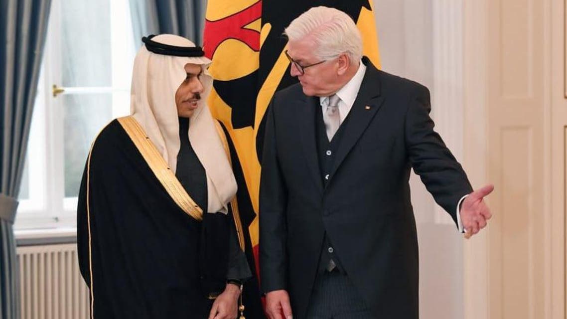 Saudi ambassador-designate, Prince Faisal Bin Farhan Al Saud, with German President Frank-Walter Steinmeier during a reception on Wednesday at the presidential palace in Berlin. (Supplied)
