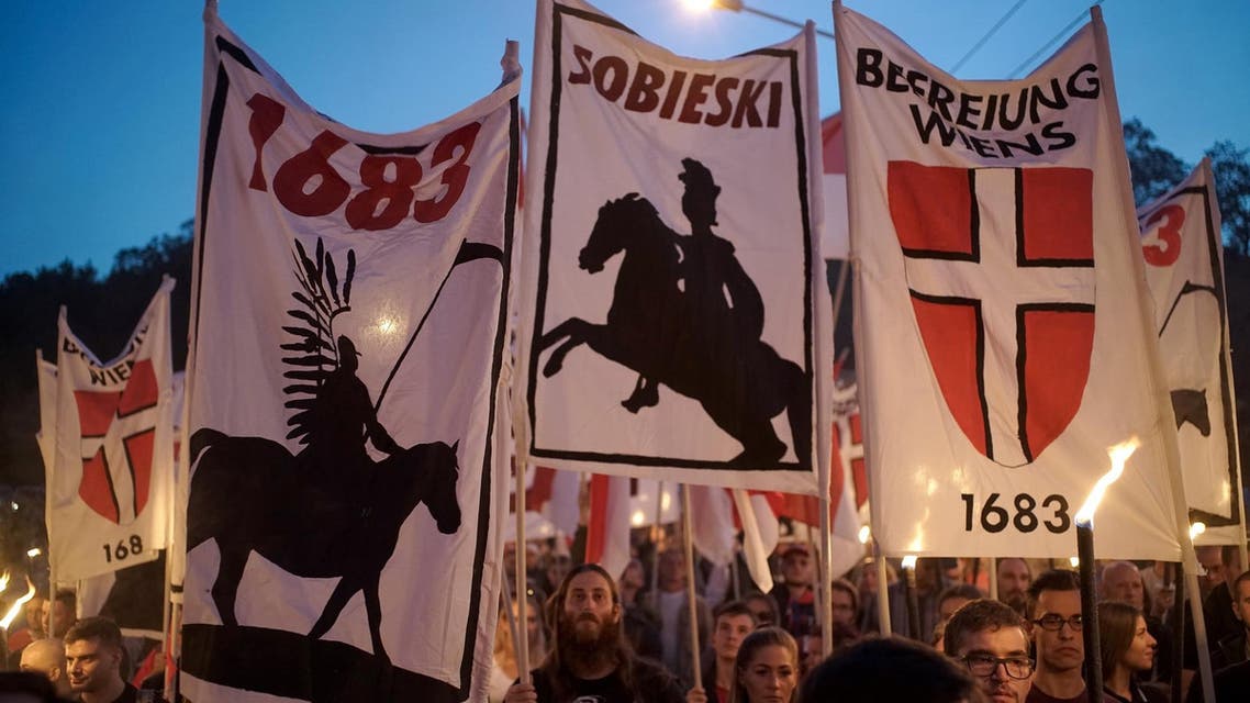 Some 250 members of the far-right Identitarian movement attend a “memorial train” on the occasion of the Battle of Kahlenberg in 1683, when a Polish relief army repulsed the Turks, in Vienna on September 09, 2017. (AFP)