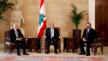 File photo of Lebanon’s President Michel Aoun (C) meets with PM Saad Hariri (R) and Parliament Speaker Nabih Berri. (AP)