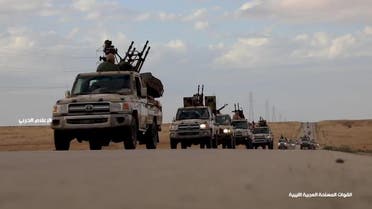This grab obtained from a video published on Khalifa Haftar’s Libyan National Army War Information Division’s Facebook page on April 3, 2019, allegedly shows military convoys heading toward western Libya and Tripoli. (AFP)
