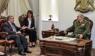 Libyan strongman Khalifa Haftar (R) meeting with UN Secretary General Antonio Guterres (L), at Haftar’s office in the Rajma military, base 25 kilometres east of Libya's second city of Benghazi. (AFP)