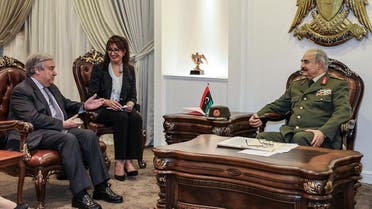 Haftar (R) meeting with UN Secretary General Antonio Guterres (L), at Haftar’s office in the Rajma military, base east of Libya's second city of Benghazi. (File photo: AFP)